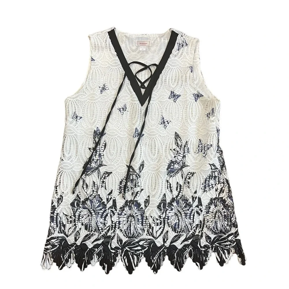 Kamana Butterfly Lace Sleeveless Tunic Blouse Lace Up Neck White Black Size M